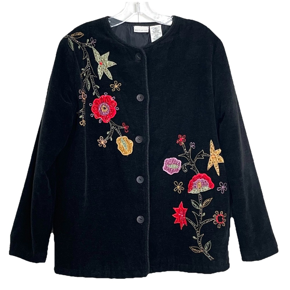 White Stag Womens Chenille Jacket S‎ (4/6) Black Floral Embroidered Beaded VTG